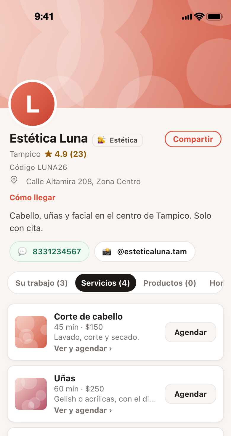 El perfil público de Estética Luna con sus cuatro servicios, cada uno con duración, precio y botón Agendar
