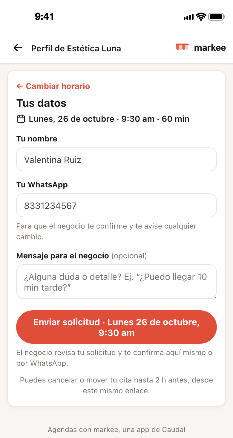 El formulario Tus datos: nombre, WhatsApp, un mensaje opcional y el botón Enviar solicitud